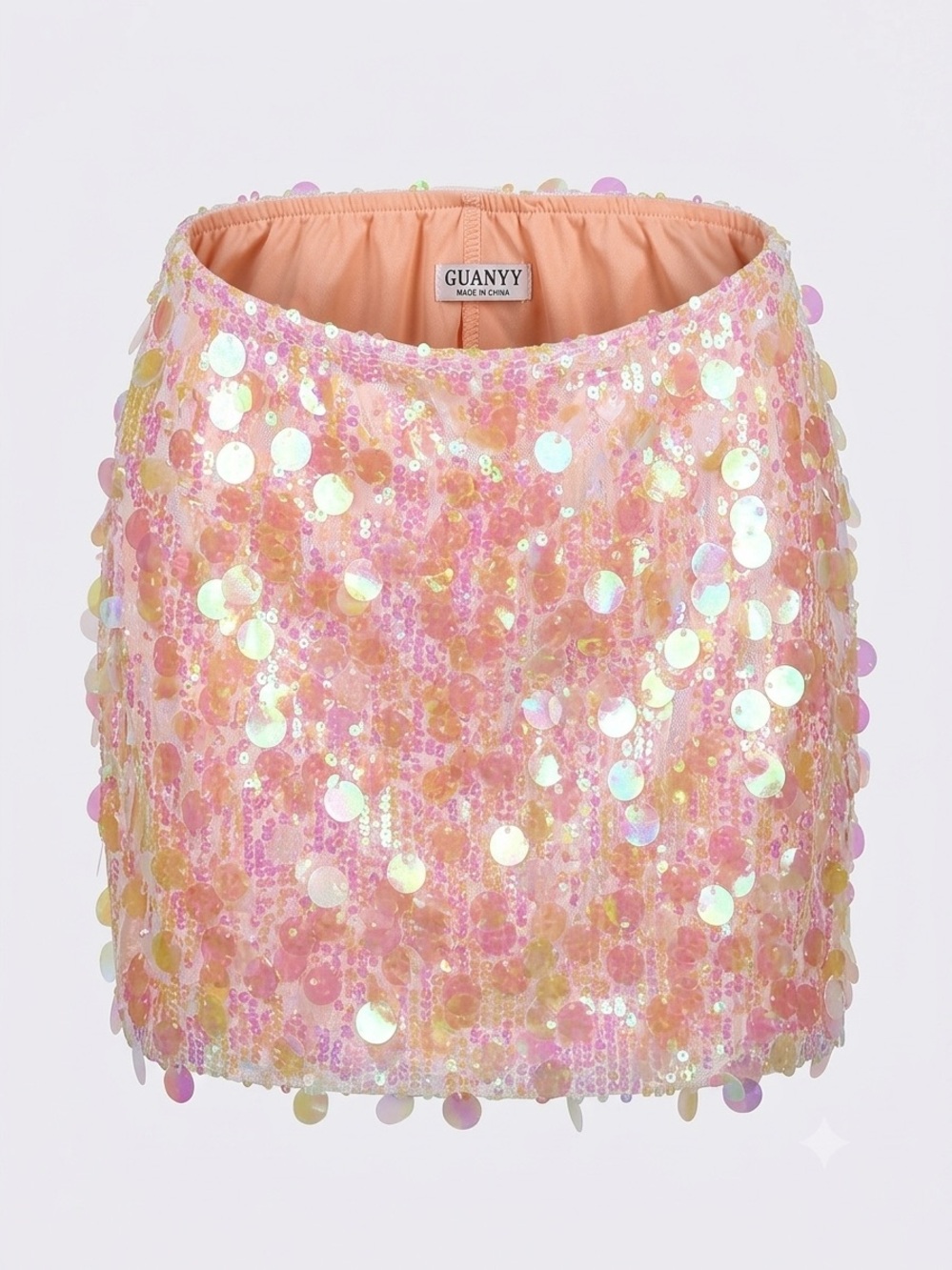 GUANYY Women's Iridescent Pink Sequin Mini Skirt – High-Waisted Stretch Bodycon